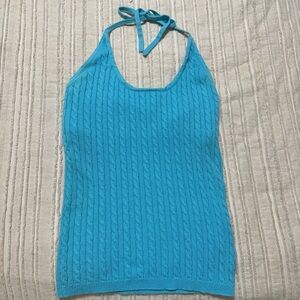 Y2K Gap Cotton Blend Cable Knit Halter Neck Blue Tank Top